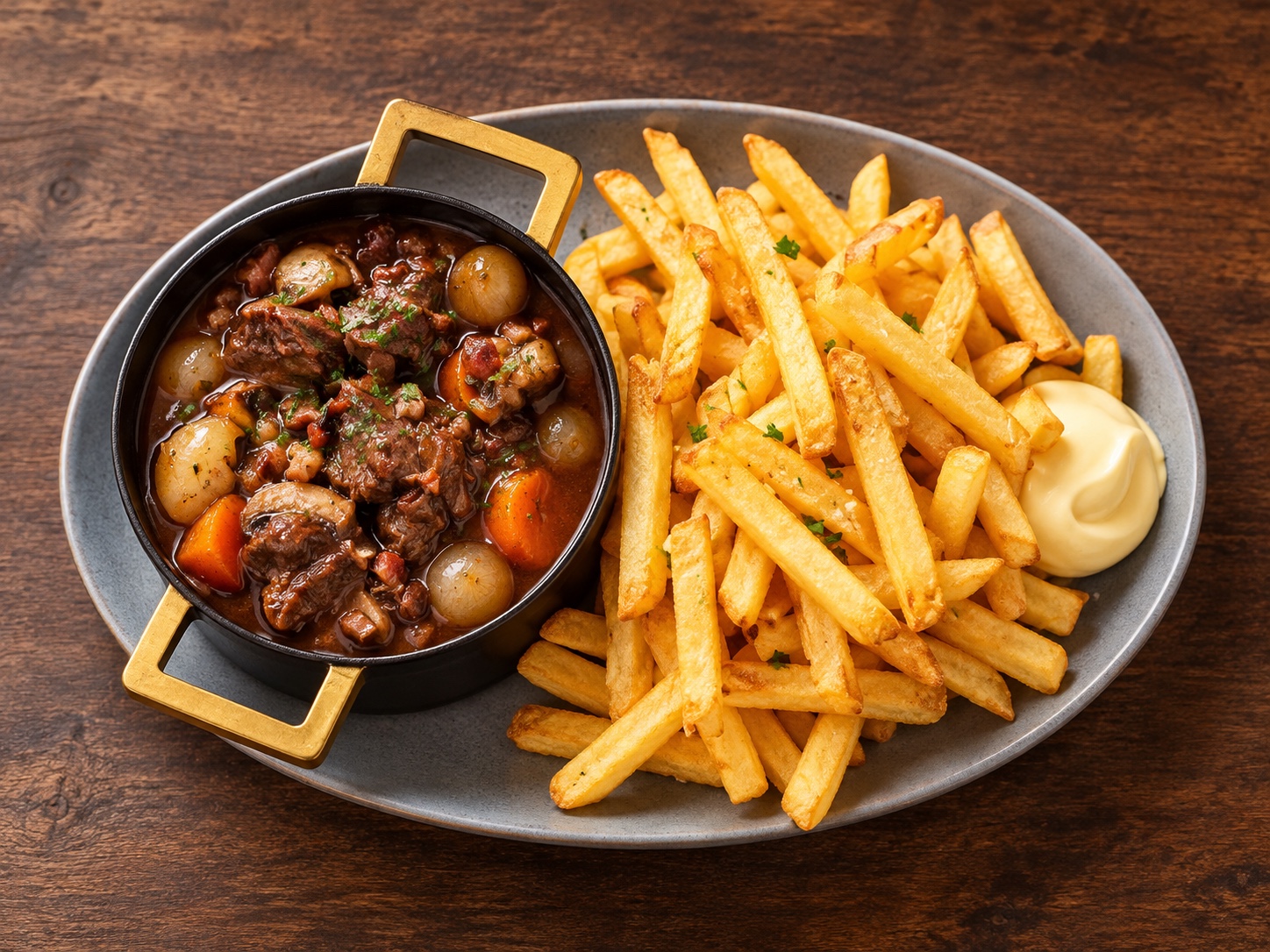 Boeuf bourguignon met friet en mayonaise