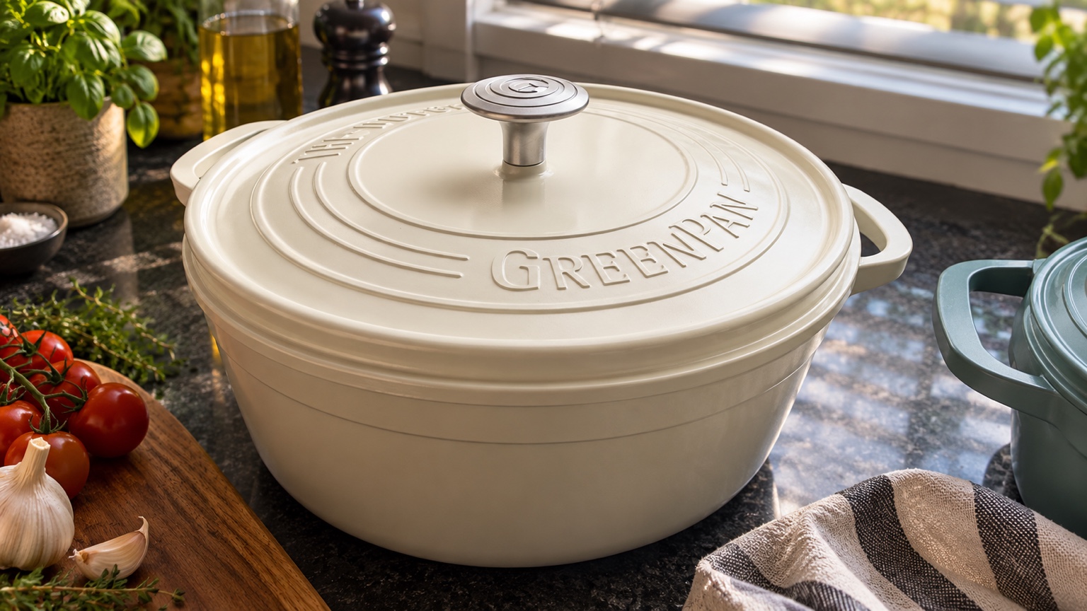 Crèmekleurige GreenPan-braadpan op het aanrecht