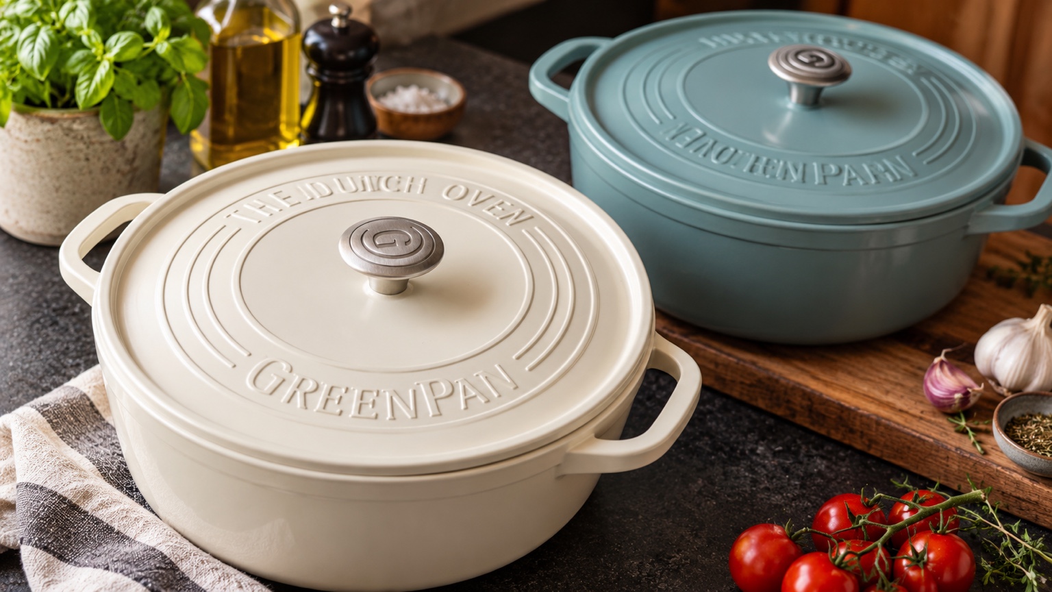 Twee GreenPan-braadpannen met verse ingrediënten in de keuken