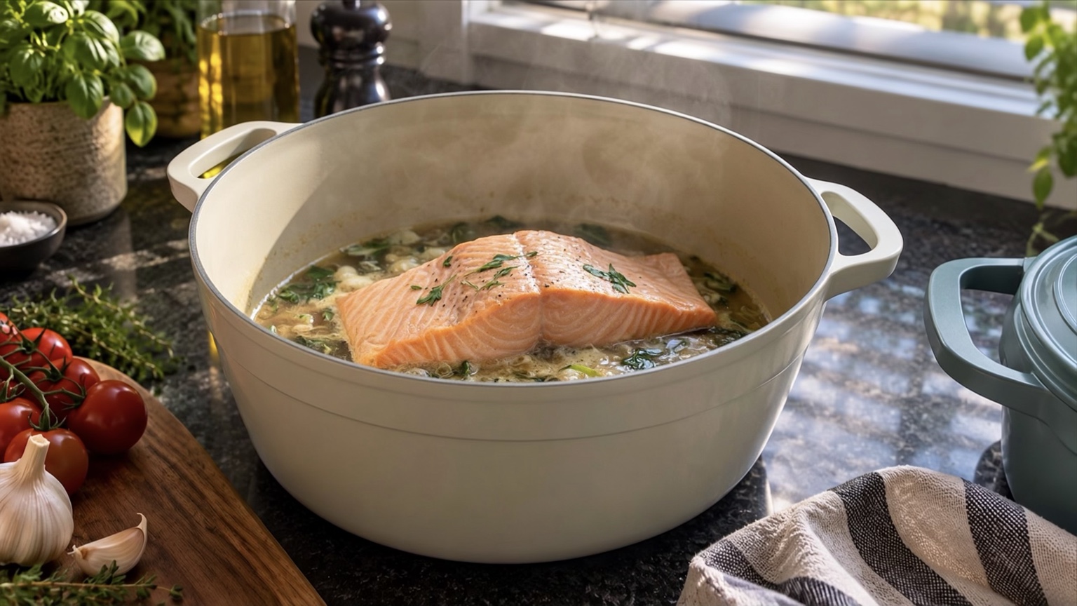 Zalm in de crèmekleurige GreenPan-braadpan