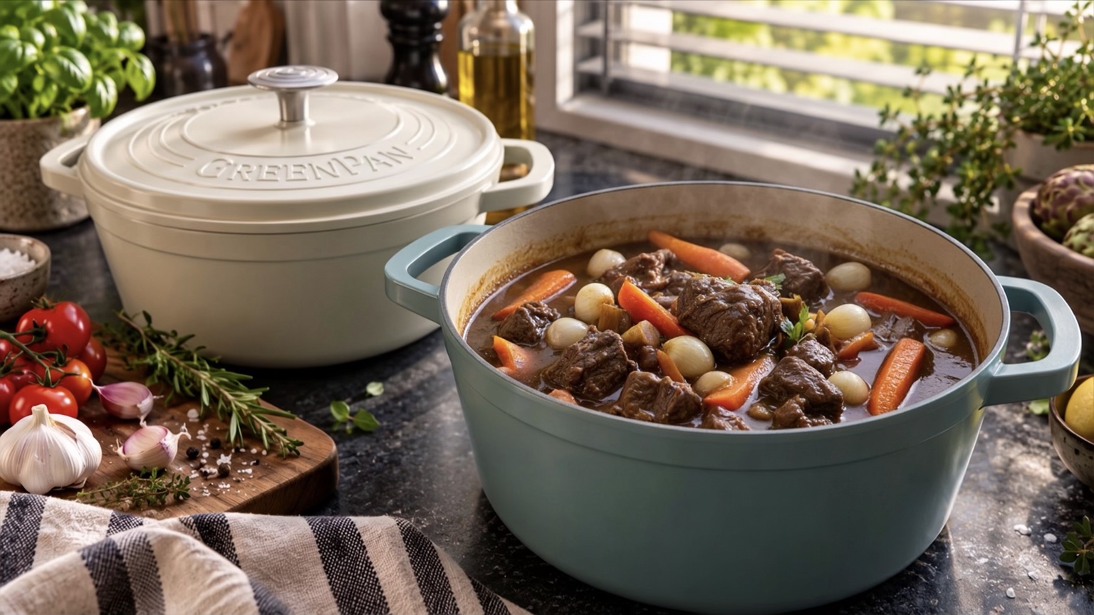 Stoofgerecht met vlees en groenten in de jadegroene GreenPan-braadpan