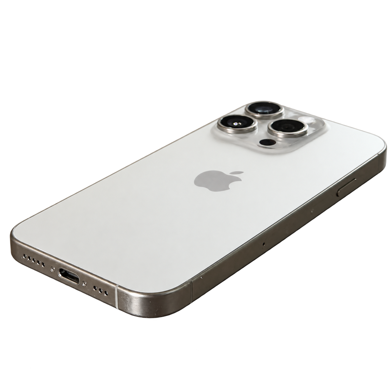 De aangeboden iPhone 15 Pro in wit titanium, vrijstaand gefotografeerd