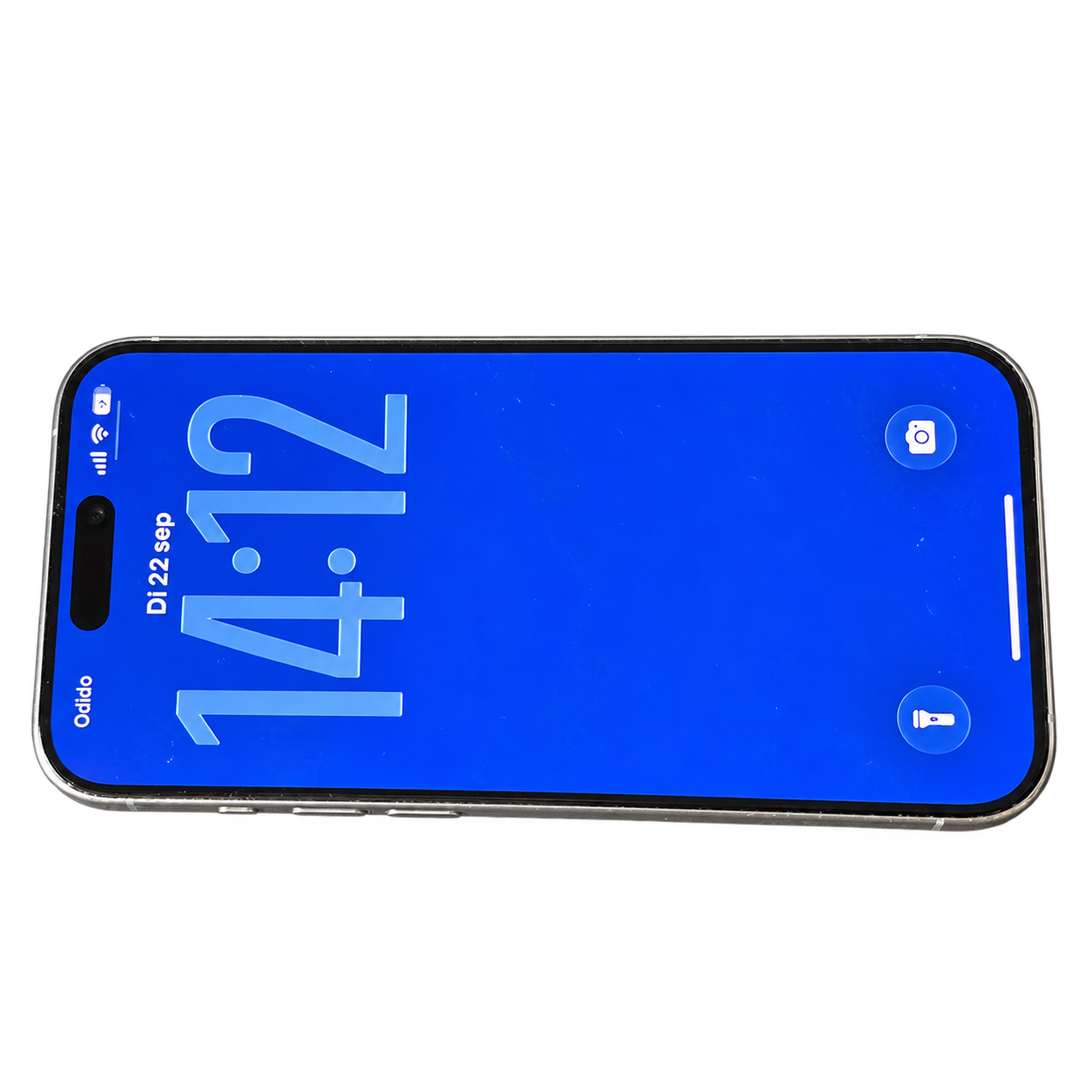 Voorkant van de aangeboden iPhone 15 Pro met ingeschakeld scherm