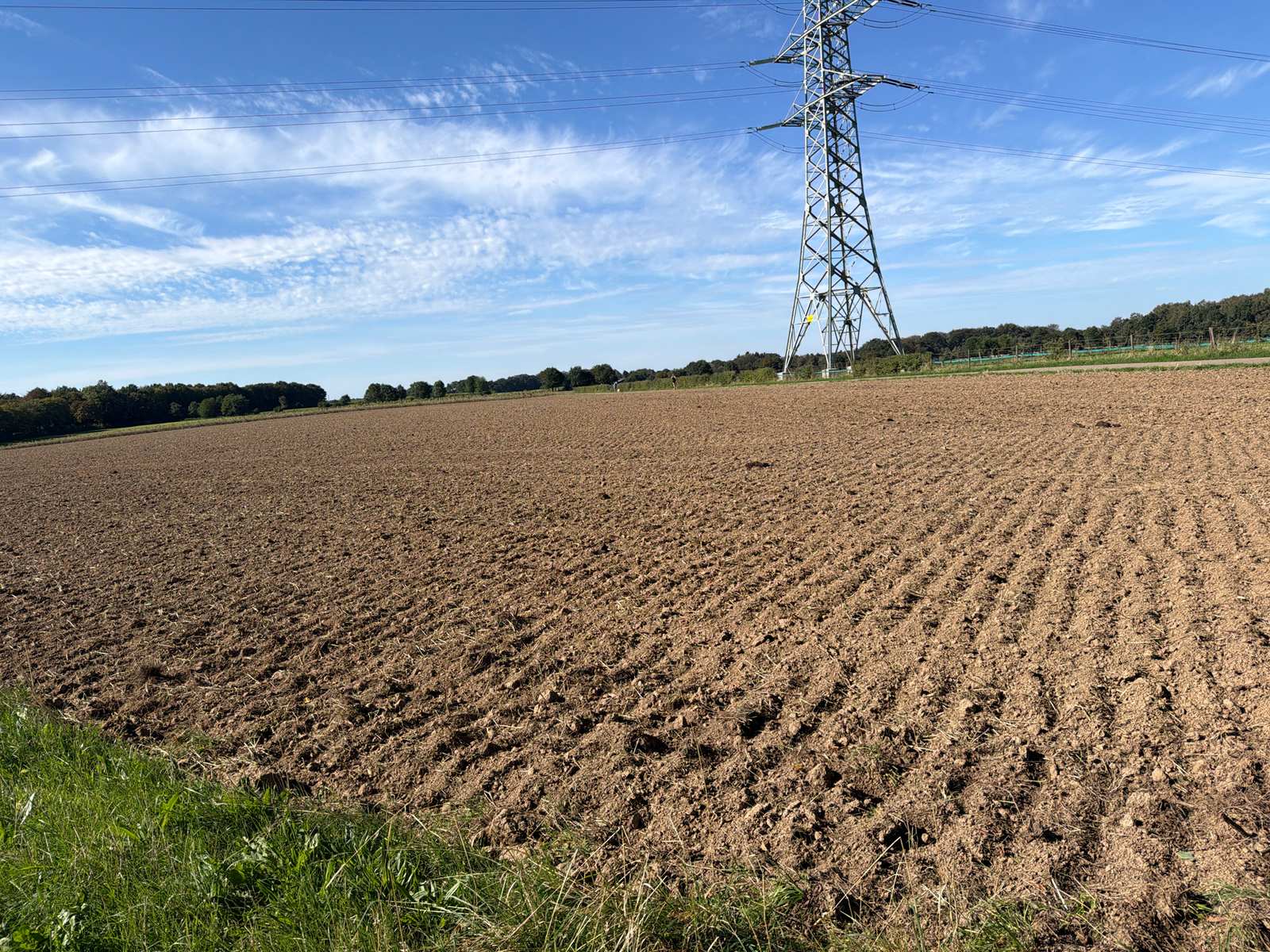 Open akker en hoogspanningsmast langs de MTB-gravelroute