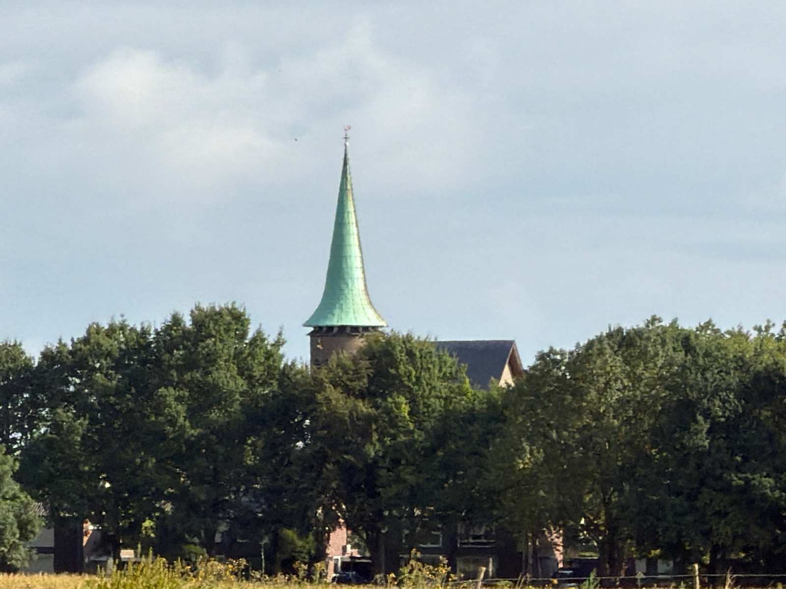 Kerkspits tussen de bomen bij Genhout