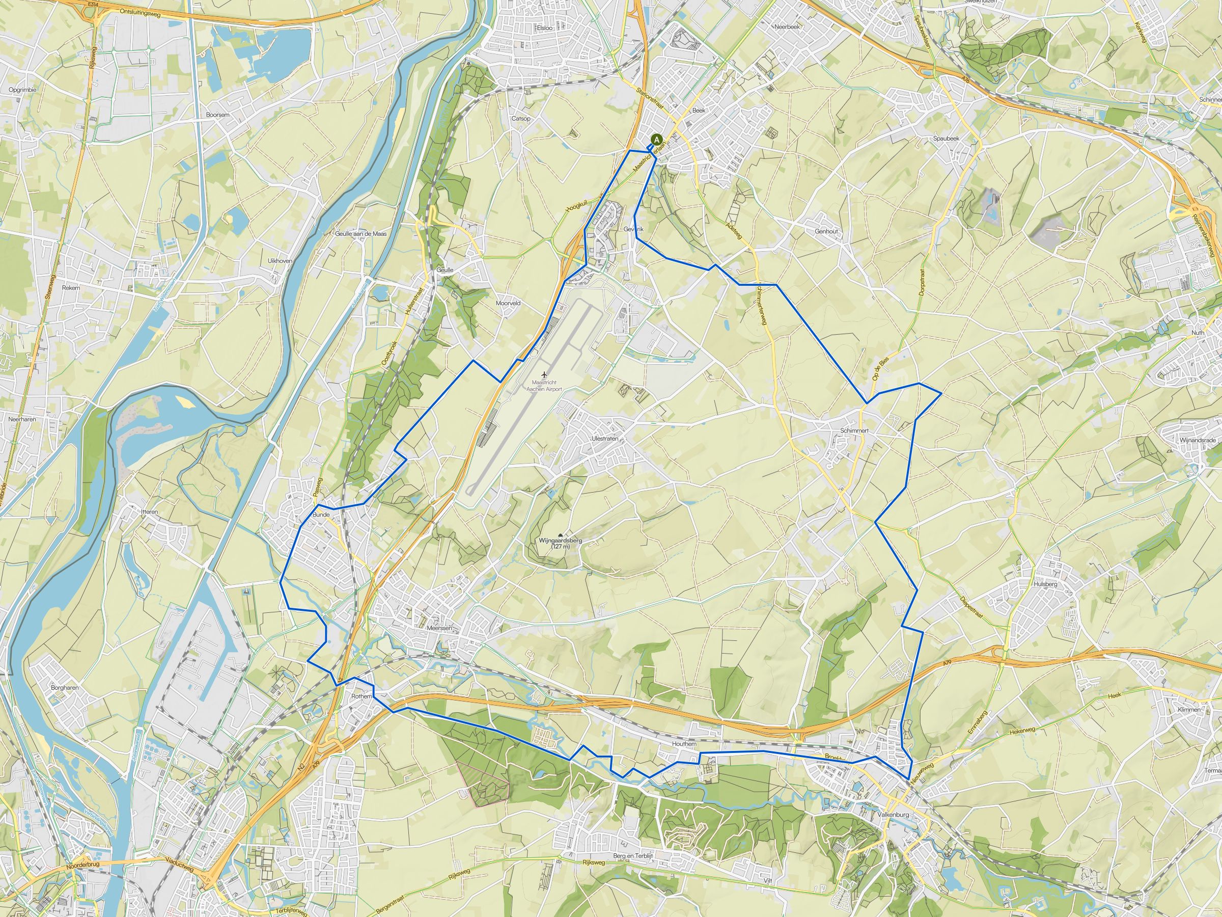 Kaart van de MTB-route vanuit Beek via Valkenburg en Meerssen