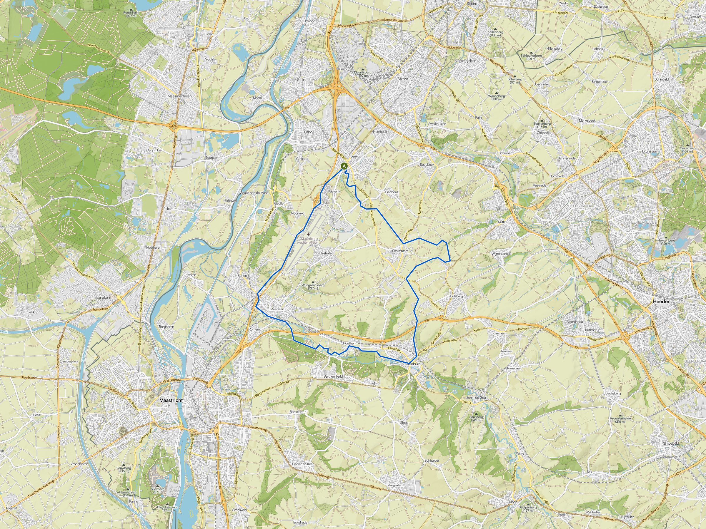 Kaart van de mountainbikeroute vanuit Beek via Valkenburg en Meerssen