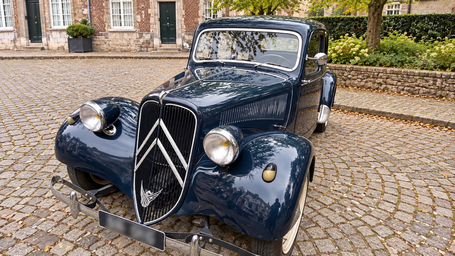 Donkerblauwe klassieke auto voor historische panden