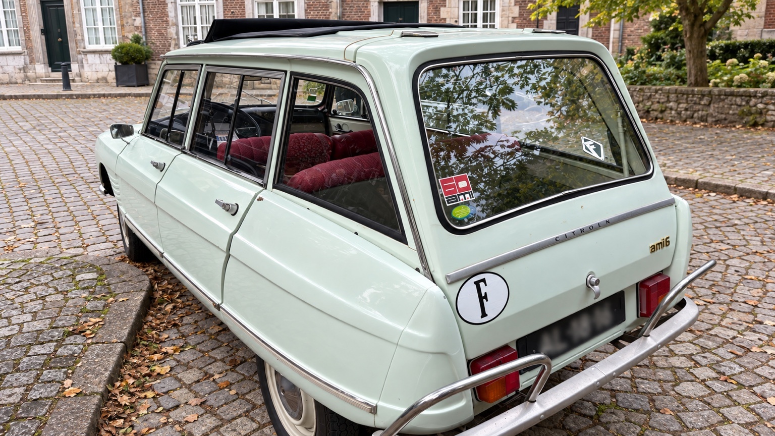 Lichtgroene Citroën Ami 6 van achteren