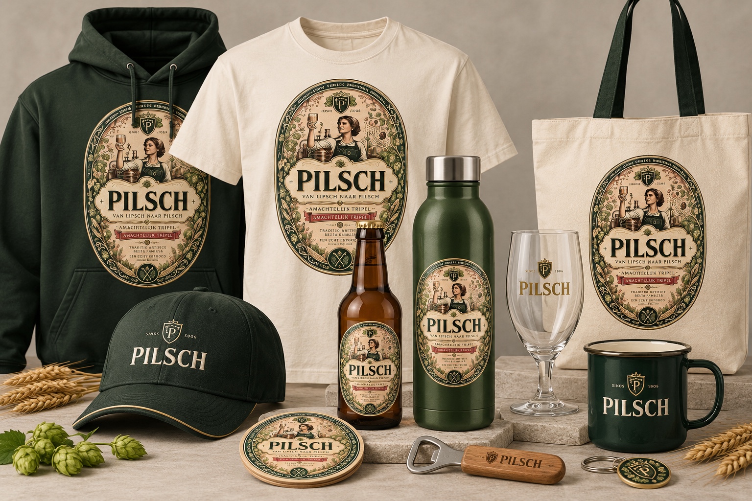 Pilsch-fles met een collectie artikelen in dezelfde stijl