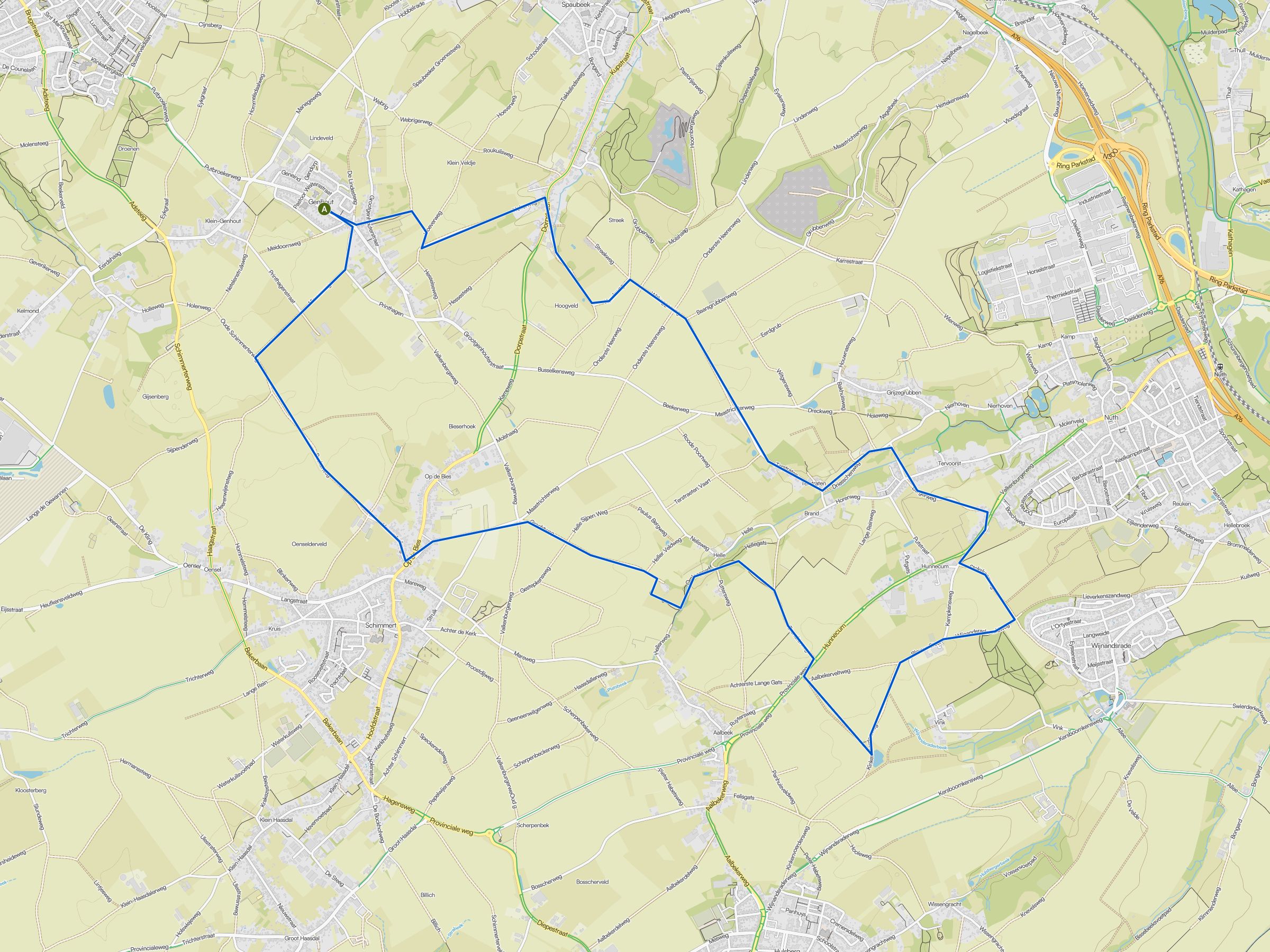 Kaart van de wandelroute vanuit Genhout via Nuth en Schimmert